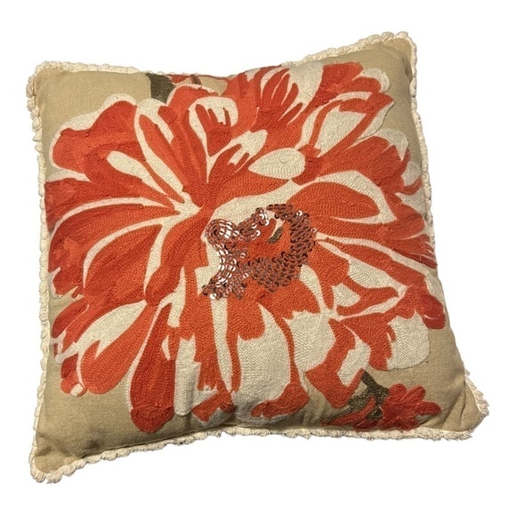 EMBROIDERED sequin flower cotton accent pillow short fringe 16 x 16 square. - Picture 1 of 10